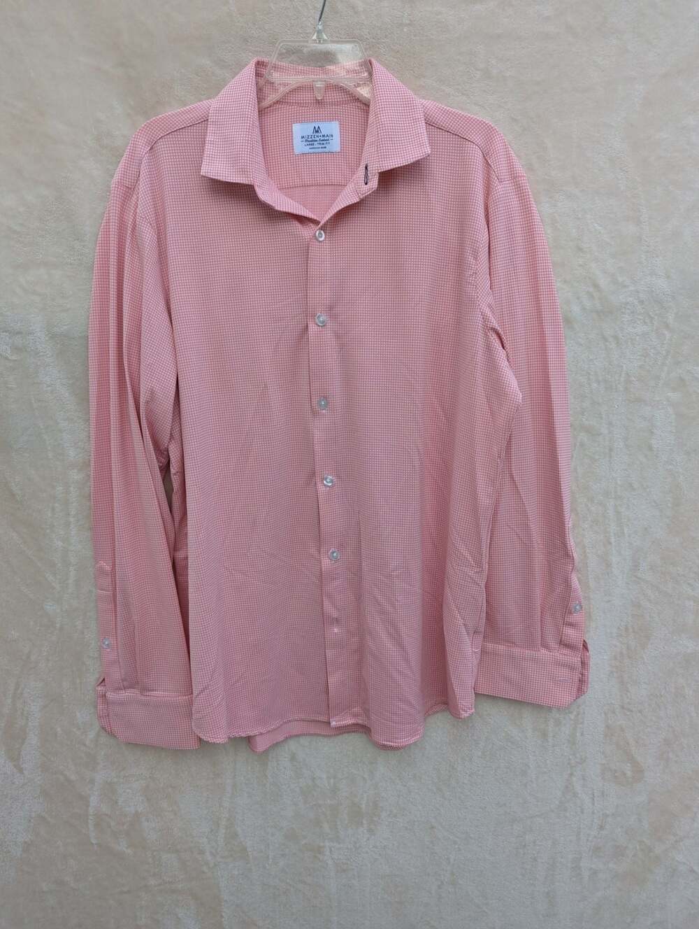 Mizzen + Main Pink White Gingham Check Long Sleeve Dress Shirt Large Trim Fit
